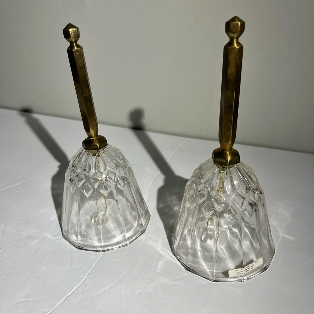 Vintage GLASS BELL W/ BRASS HANDLE Diamond Pattern Hand Bell~ Wedding Dinner 7”.